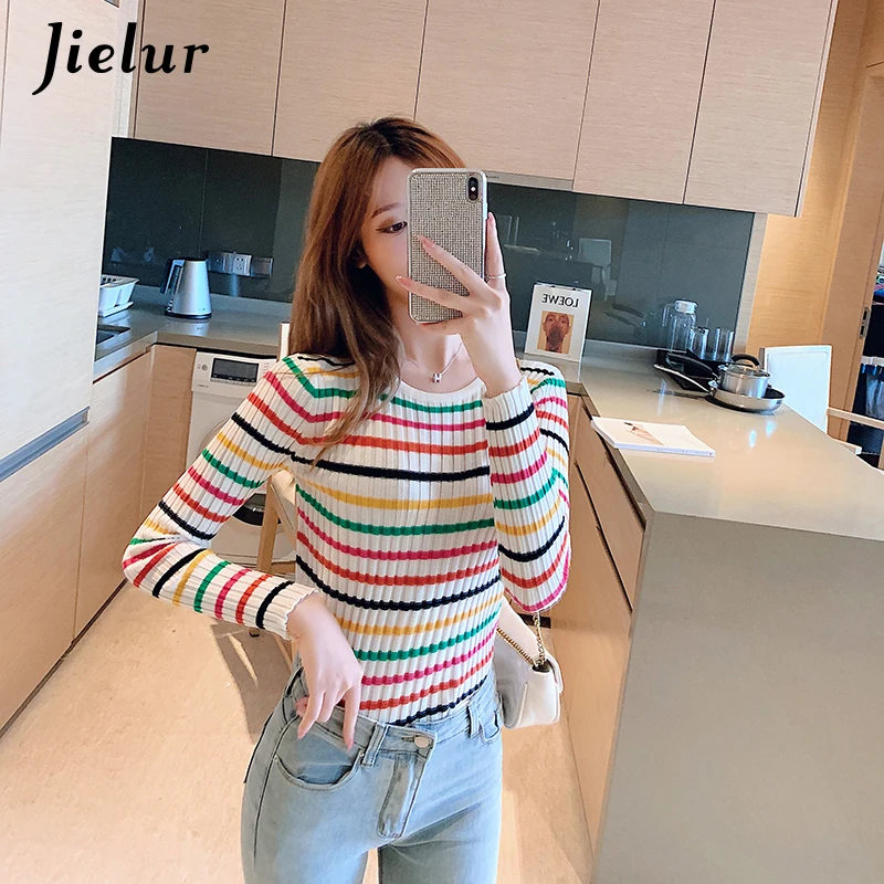 Jielur Autumn Colorful Striped Sweater for Women Fashion Korean Bottoming Shirt Slim O-neck Lady Sweaters Spell Color Knitwear