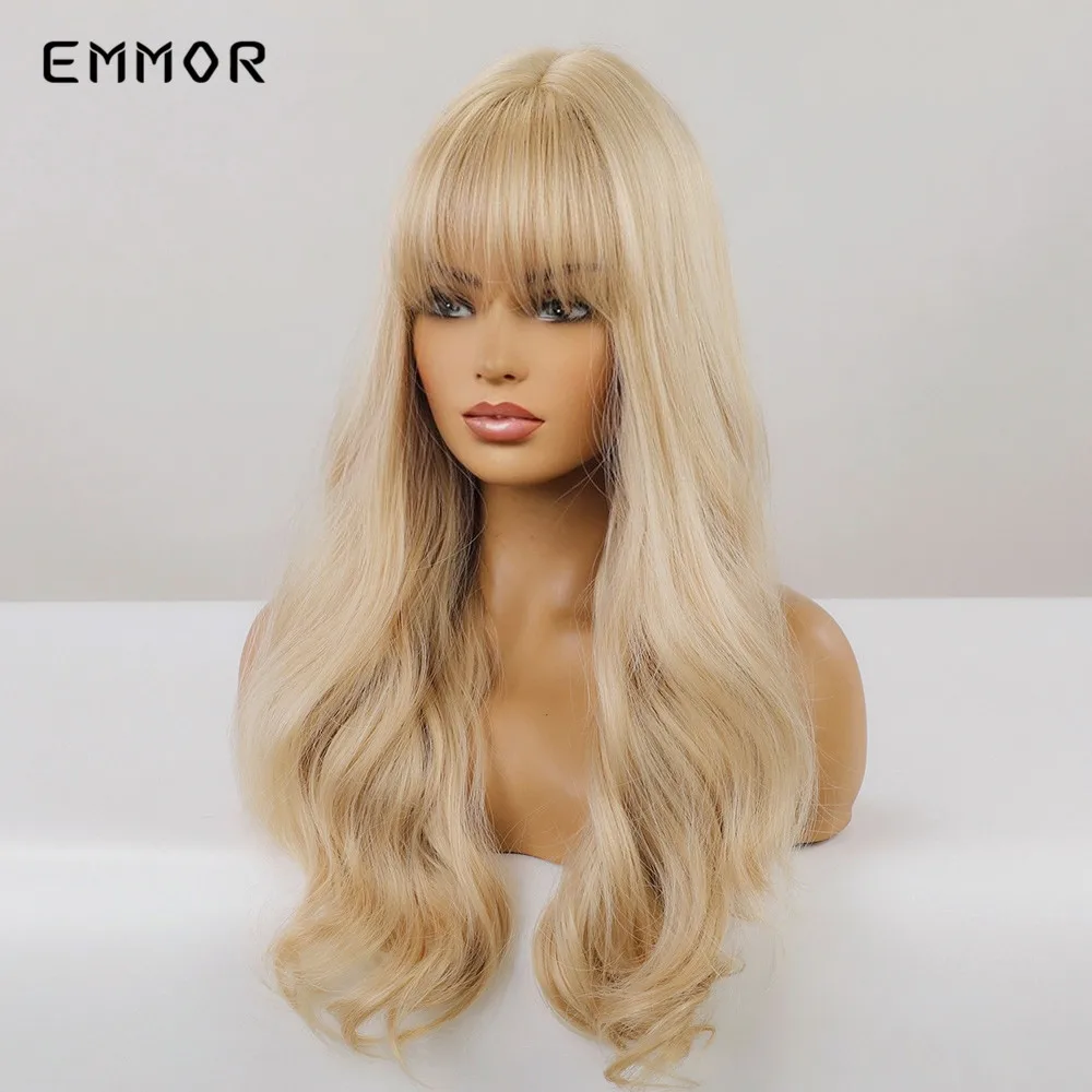 Emmor-Perruque Synthétique Longue Blond Clair avec Frange pour Femme, Cheveux Ondulés Naturels, Haute Température, Moelleux, Cosplay, 03