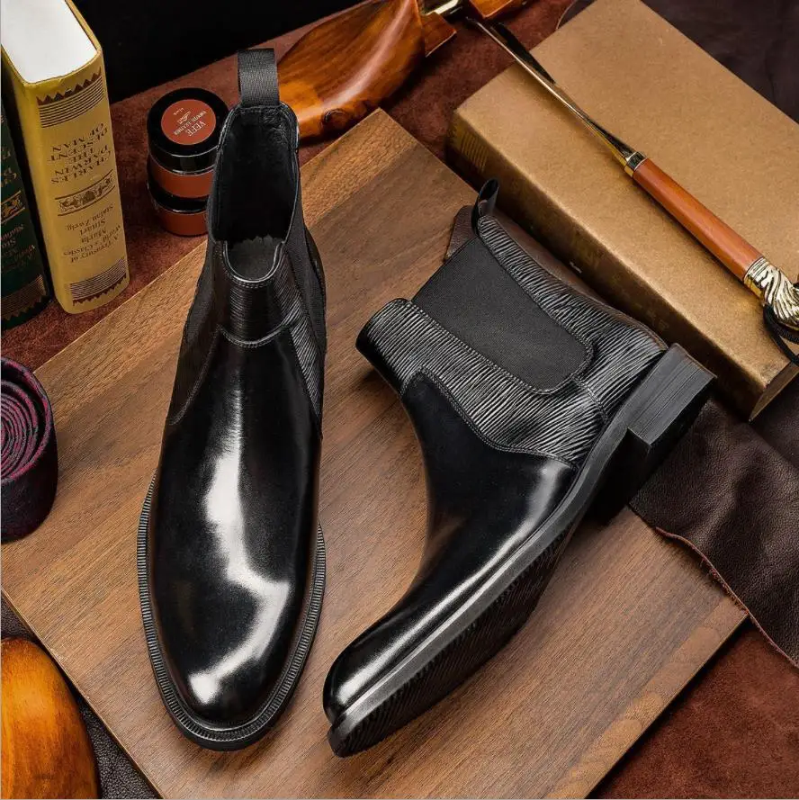 Sipriks British Style Men\'s Chelsea Boots Elegant Black Calfskin Leather Ankle Boot Dark Brown High Tops Shoes 2020 Spring 44