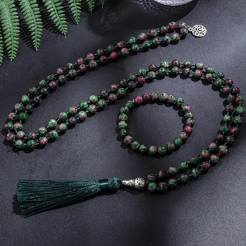 8mm Epidote Zoisite Japamala Necklace Set 108 Beaded Meditation Yoga Jewelry Men and Women Rosary Tree of Life Pendant