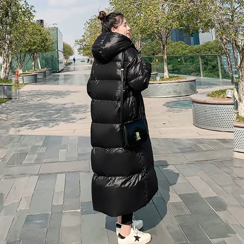 

Winter Loose Long Coat Ladies Outwear Thicken Parkas Windproof Glossy Down Cotton Hooded Women Jacket