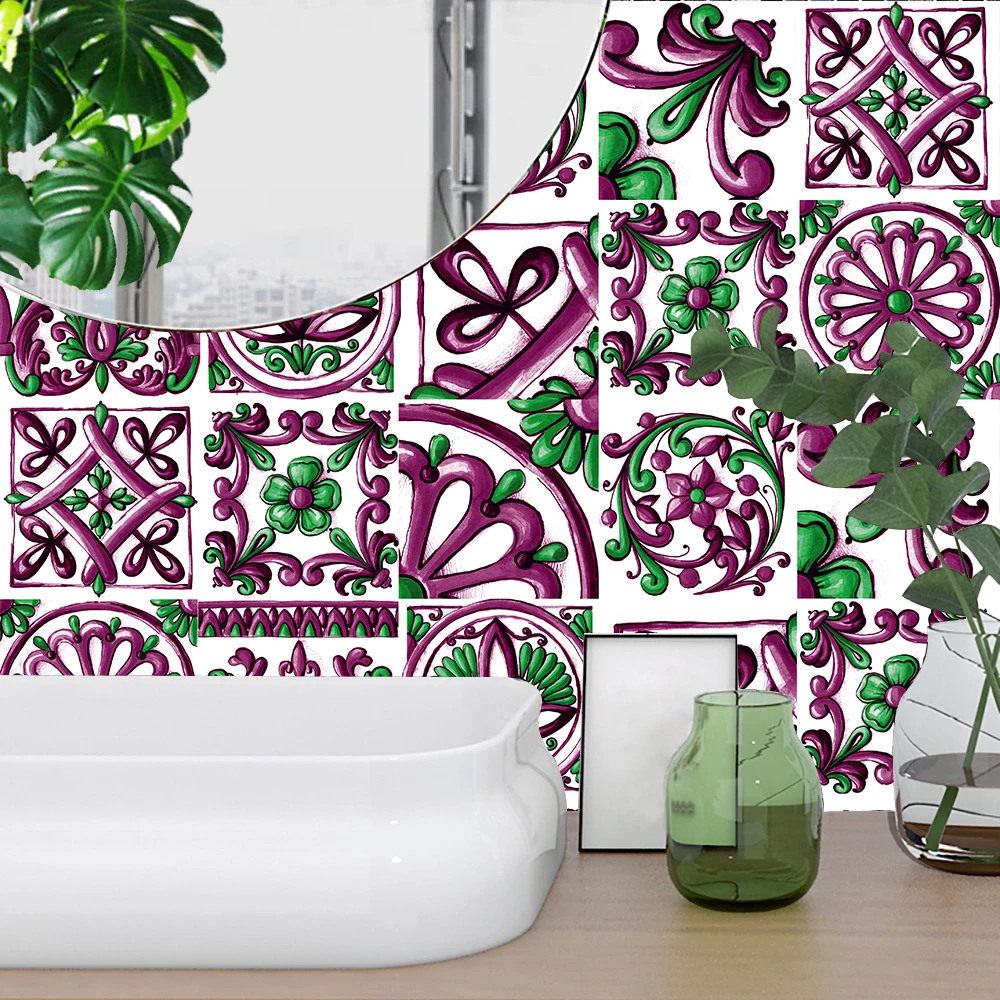 10pcs/set Purple Floral Ornament Arabesque Wall Stickers Kitchen Washbasin Decoration Hard Ceramics Wall Decals Tiles Art Mural