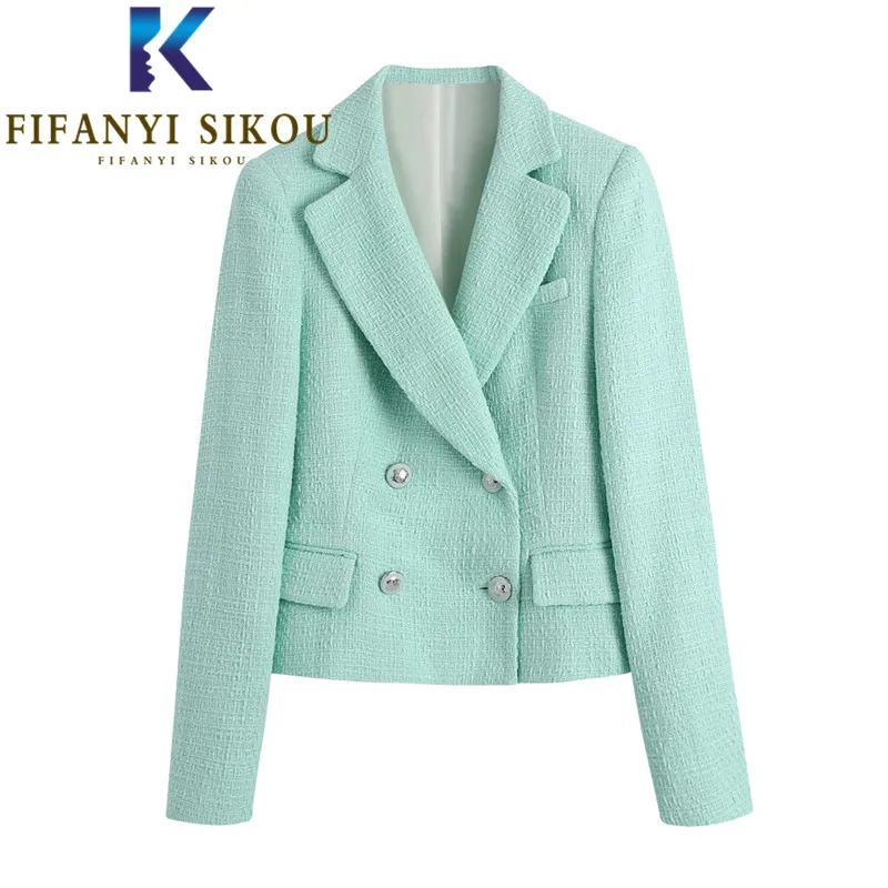 Mint Green Blazer Jacket Women 2021 New Spring Double Breasted Fashion High Quality Short Suit Jacket Ladies Casual Blazers Coat