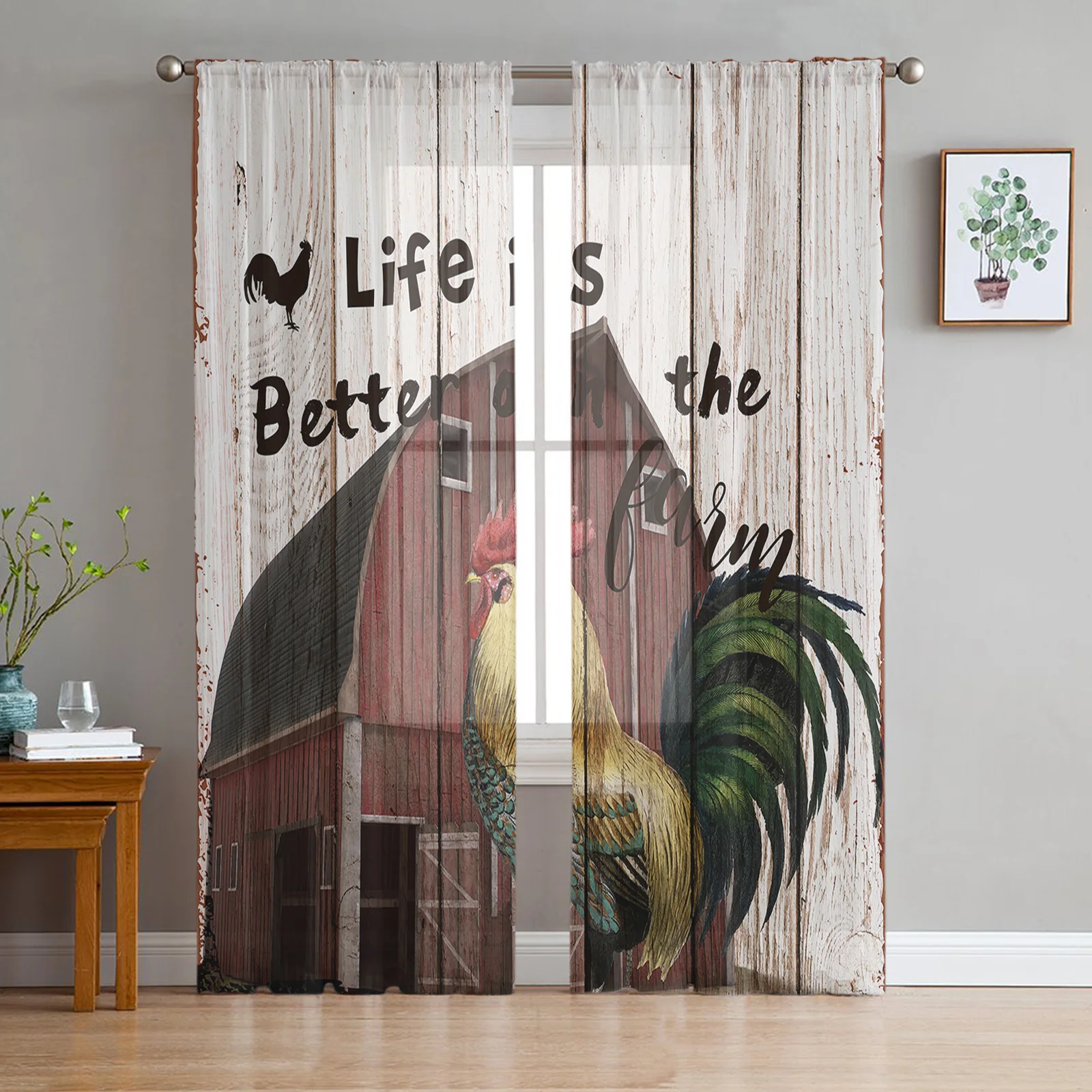 Farm Rooster Barn Vintage Wood Planks Voile Tulle Sheer Curtains for Bedroom Living Room Kitchen Decor Chiffon Windows Curtain