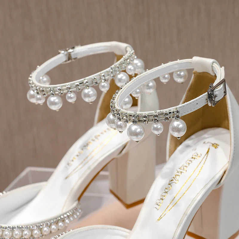 BaoYaFang White Thick Heel Bridal Wedding Shoes Woman Buckle Crystal Party Dress Tassel High Pumps Ankle Strap Fashion Sandals