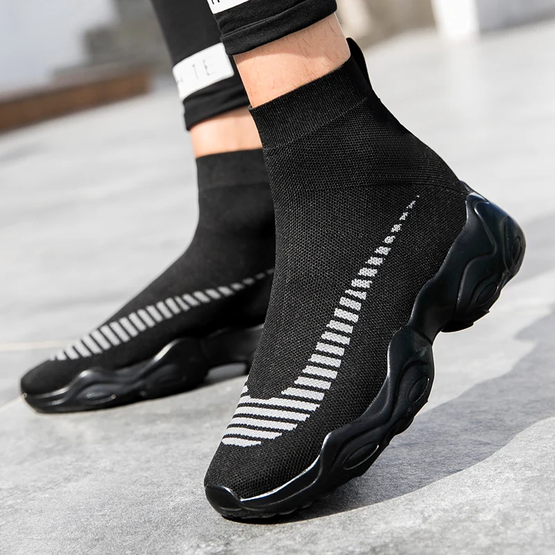 Unisex Black Sneakers Breathable Elastic Mesh Sock Shoes Female Fashion Lightweight Comfortable Leather Free Casual Shoes Women