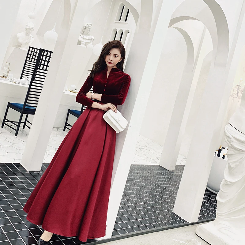 

Evening Dresses Zipper Velour Burgundy Full Sleeves High Collar A-line Floor-length Plus size Customized Women Formal Dress A031