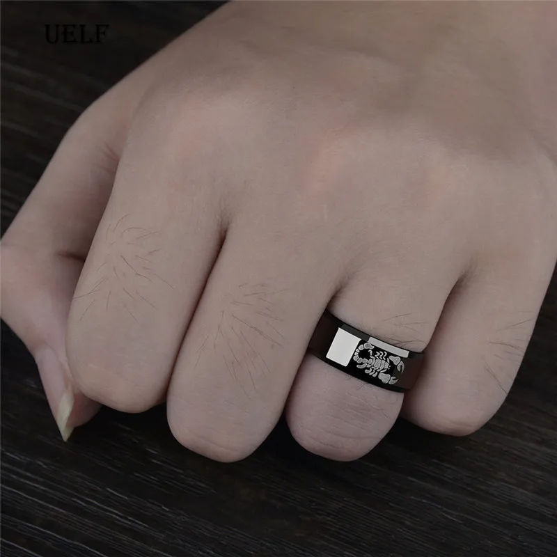 Uelf Punk Vintage Black Scorpion Pattern Mens Ring Stainless Steel Titanium Rings for Men Women Wedding Bands