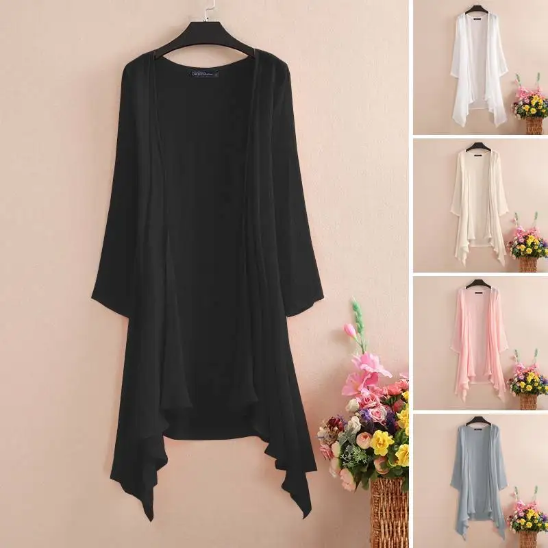 Women\'s Summer Blouse Cover Up ZANZEA Elegant Solid Cardigans Casual Long Sleeve Irregular Tops Beach Kimono