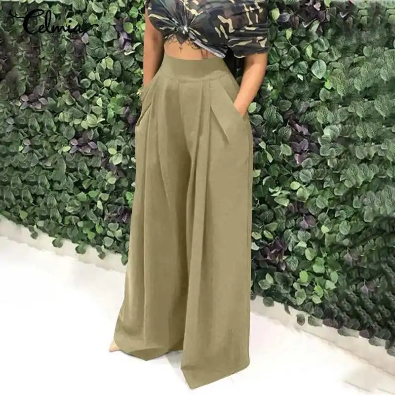 Elegant Ladies Trousers 2023 Summer Women's Fashion High Waist Wide Leg Pants Celmia Casual OL Solid Pleated Street Pantalon