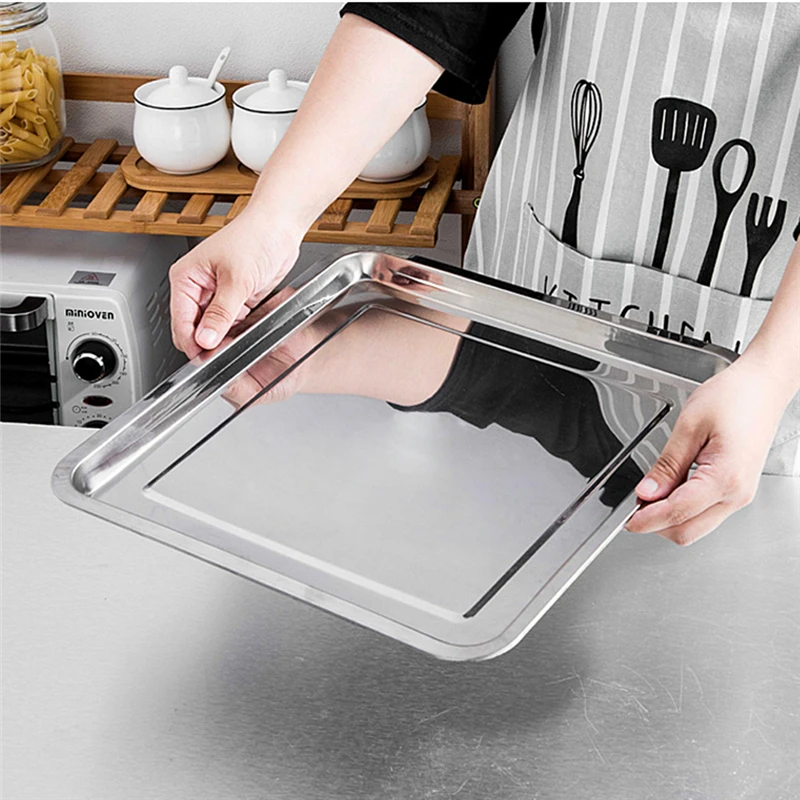 Stainless Steel Square Food Storage Tray Steamed Sausage Shallow Plate Bread Baking Pans Kitchen Accessories