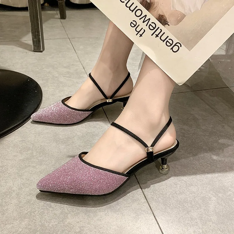 New Nice Summer Ladies Shoes Woman Sexy Slippers Mules Women Shoes Cover Pointed Toe Bling High Heels Casual Shoes Slides