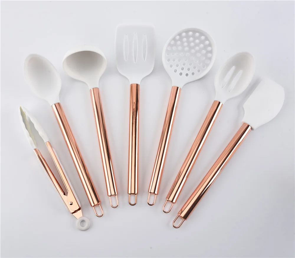 7 Piece Set White Silicone and Copper Cooking Utensils for Modern Cooking and Serving, Stainless Steel Copper Serving Utensils