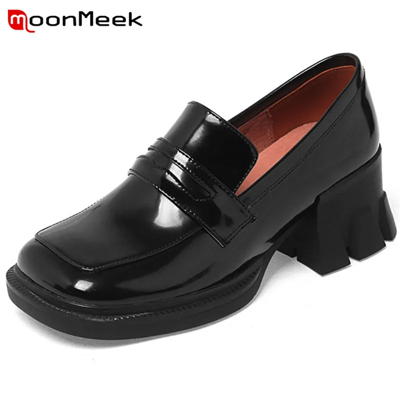 

MoonMeek 2022 New Arrive Genuine Leather Shoes Women Pumps Square Toe Slip On Top Quality High Heels Platform Shoes Women