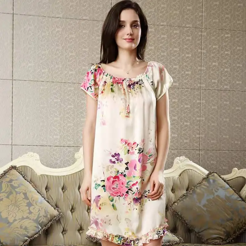 100% pure silk nightgowns women Sexy sleepwear Home dresses SILK nightdress SATIN nightie Summer style Floral dress