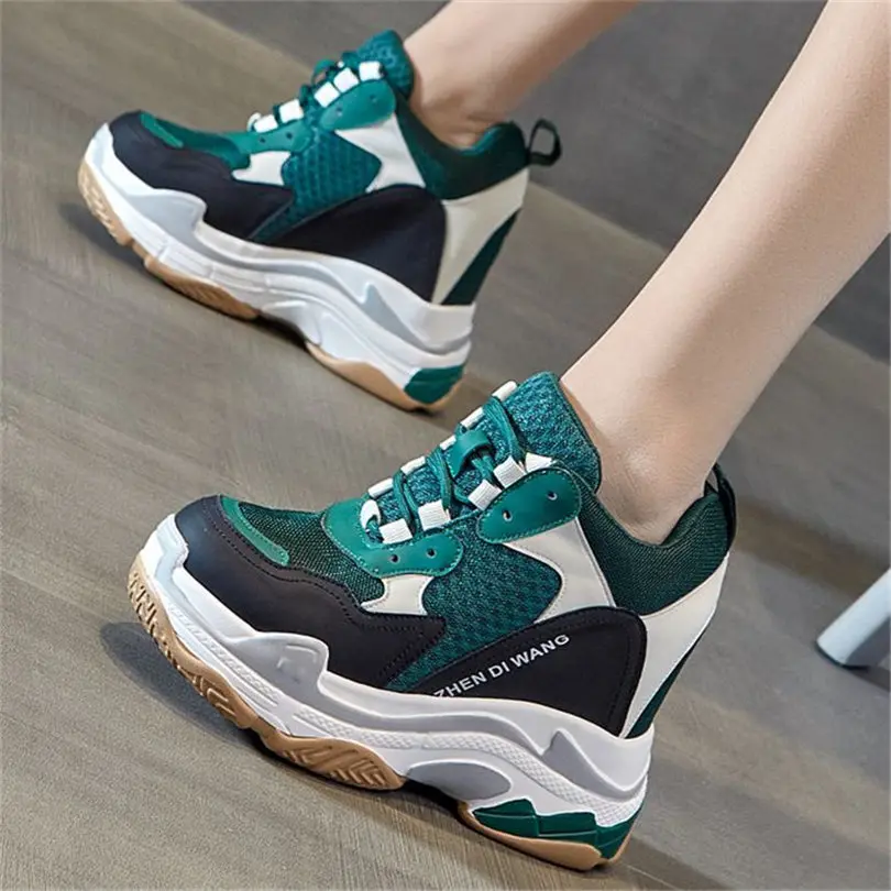 Fashion Sneaker Women Leather Platform Wedges High Heels Shoes Female Breathable Round Toe Fashion Sneakers Pumps