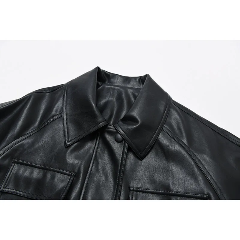 Mid-length Loose Vintage Black Big Pocket Faux Leather Coat With Belt Spring Autumn 2024 Women Casual Biker Jacket Veste Femme