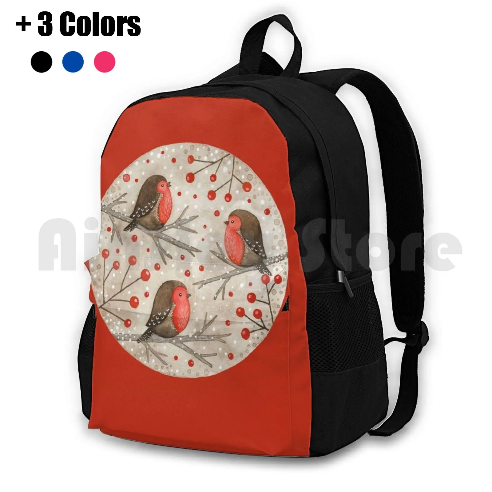 Robins And Red Berries Outdoor Hiking Backpack Waterproof Camping Travel Traditionalmedia Handpainted Watercolor Robin Robins