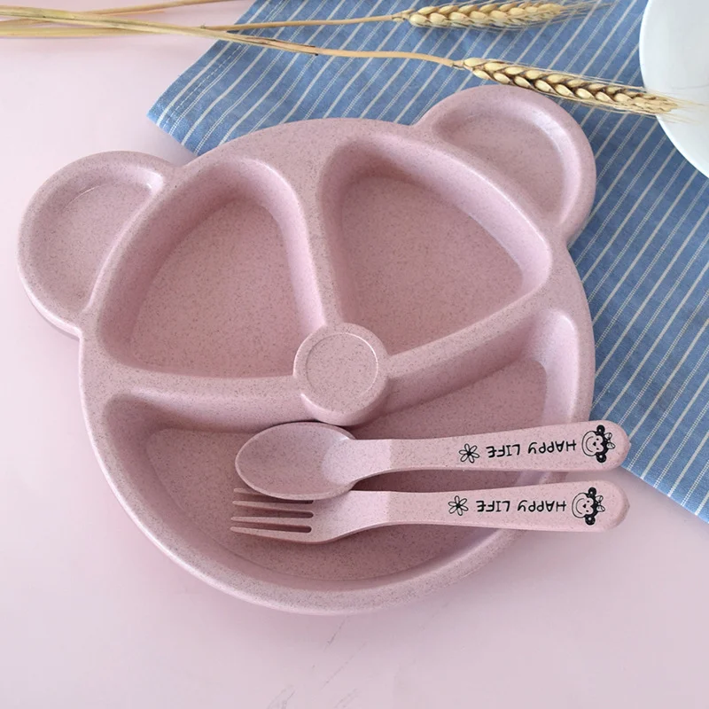 1Set Kids Plate Set Bowl+spoon+fork Feeding Food Tableware Set Cartoon Bear Kids Dinnerware Anti-hot Wheat Straw For Children