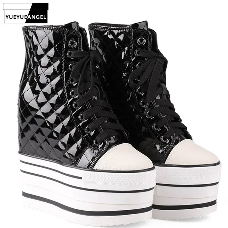 Spring New Plaid Shoes Woman 14CM Heels Lace Up High-Top Platform Wedge Shoes High Quality Fashion Stage Shoes Luxury Trainers