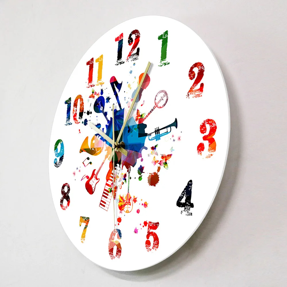 Classical Music Instruments With Watercolor Numbers Decorative Wall Clock Colorful Art Painting Music Studio Hanging Wall Watch