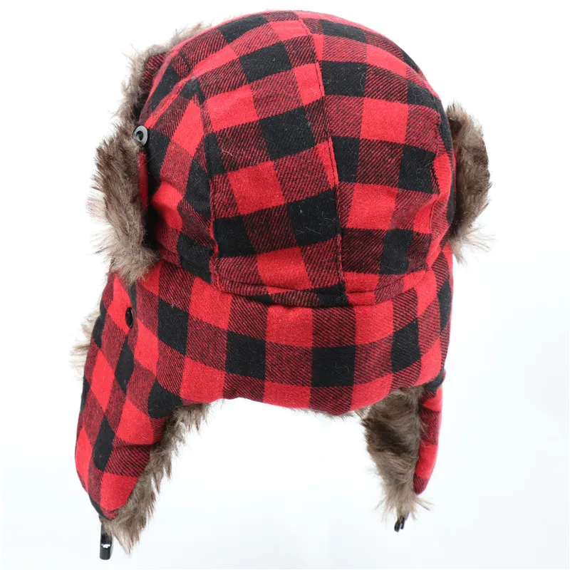 CAMOLAND Plaid Pattern Bomber Hats For Women Men Winter Thermal Fleece Earflap Caps Russia Ushanka Hat Male Snow Ski Caps