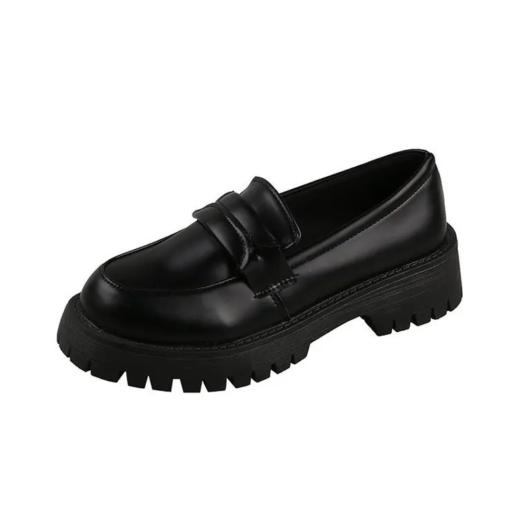 Kobieta Solid Black PU Leather Loafers Zapatos Casual Women Slip on Flats Round Toe Platform Shoesert5