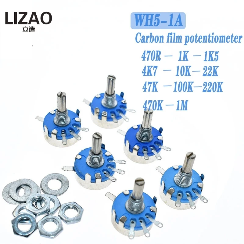 WH5-1A Carbon Potentiometer 1K 2K 10K 47K 4K7 470R 100K 470K 220K 1K5 22K 1M ohm 3-Terminals Round Shaft Rotary Taper WH5