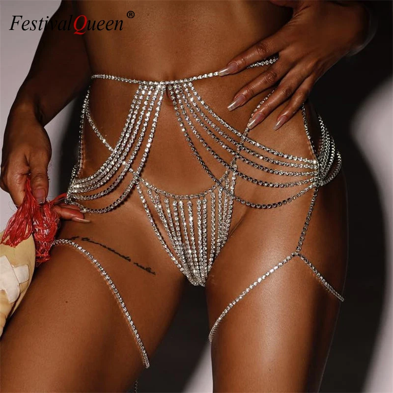 

FestivalQueen Sexy Multilayer Tassel Thigh Chains for Women Bikini Crossover Harness Waist Chain Body Jewelry Rhinestones Body C