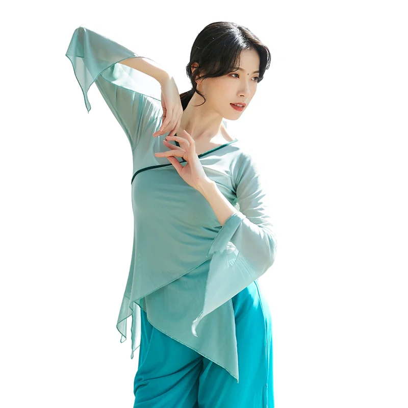 Camisa de dança clássica com decote em v para mulheres vestido de gaze transparente dançarina folclórica chinesa fantasia sexy de performance manga longa rima corporal