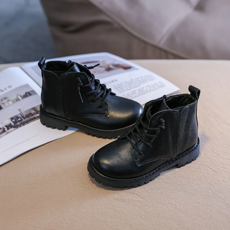 Children Genuine Leather Short Boots Winter And Autumn Boys Warm Black Short Boots Girls Fashion Quality Single Boots