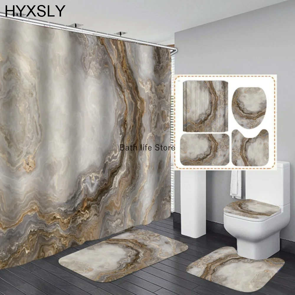 White Marble Shower Curtain Luxury Golden Modern With Non Slip Rug Mat Bathroom Curtain Waterproof Polyester Home Decor 180x180