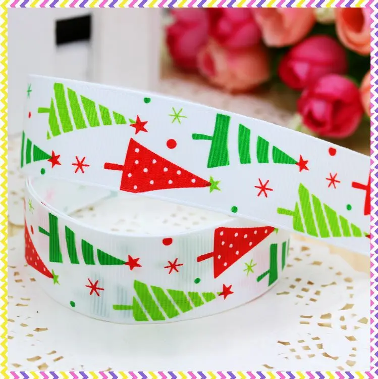 DHK 5 yards Christmas tree 3 size options printed grosgrain ribbon headwear hair bow diy party decoration wholesale OEM E1452