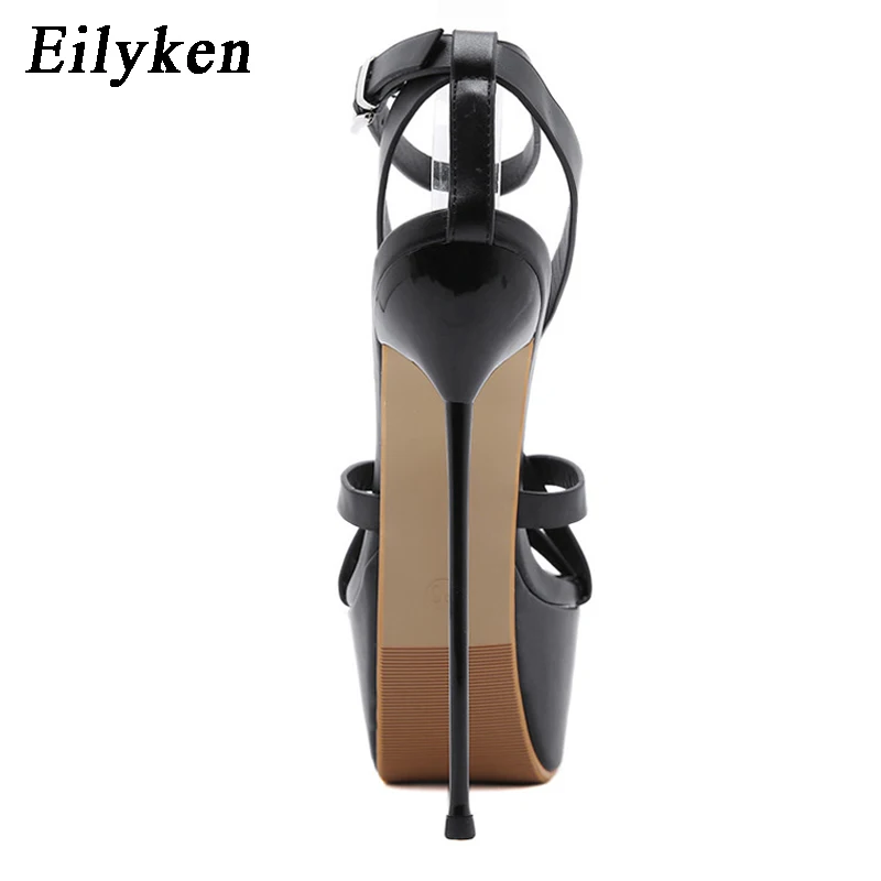 Eilyken Open Toe Ankle Buckle Strap Women Sandals Pumps Party Platform Club Stiletto High Heels Hollow Out Dress Shoes Black