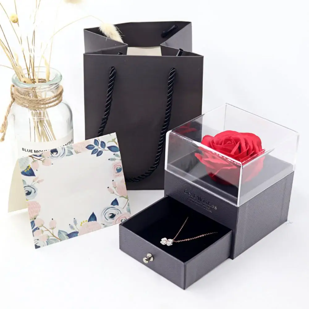 Preserved Rose Flower Design Ring Necklace Display Holder Jewelry Storage Box
