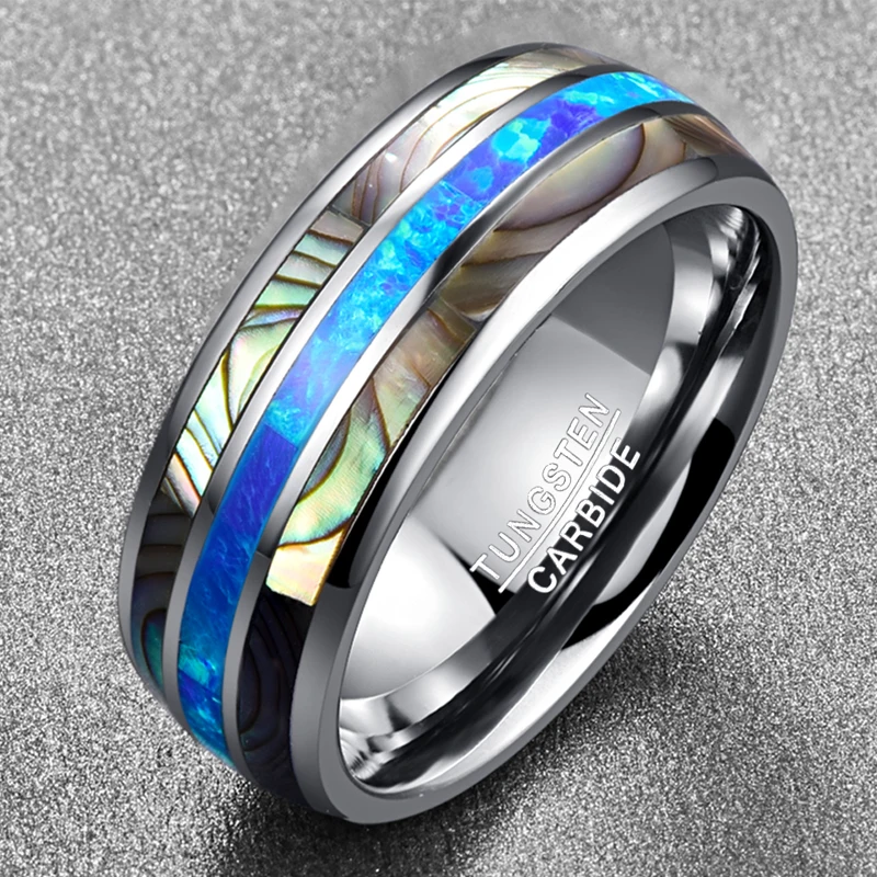 New Fashion Simple 8mm Blue Opal Tungsten Carbide Rings Inlaid Natural Shells Party Jewelry Gift Silver Color Rings