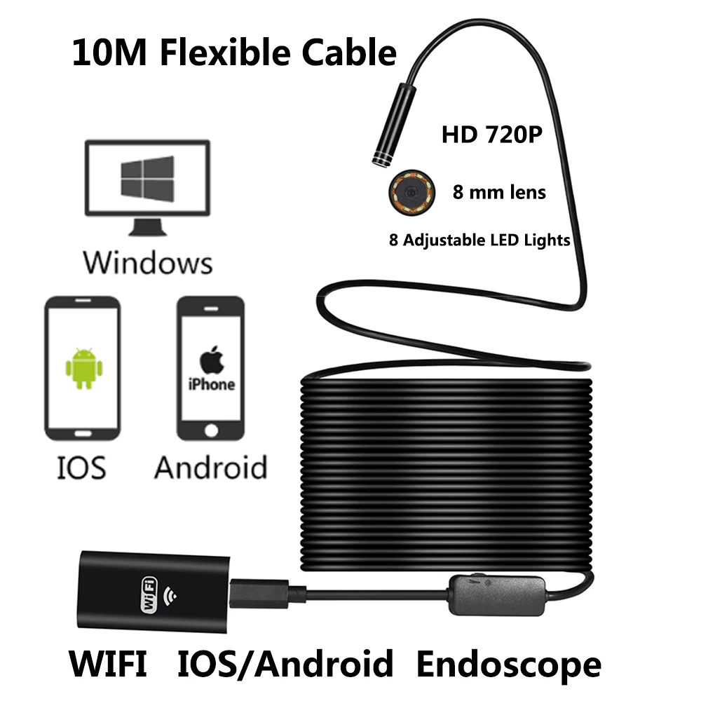 

10M WIFI Endoscope Camera 8mm Lens 2MP 720P Snake USB Flexible Hard Wire Android IOS PC 8LED Inspection Endoscope Camera