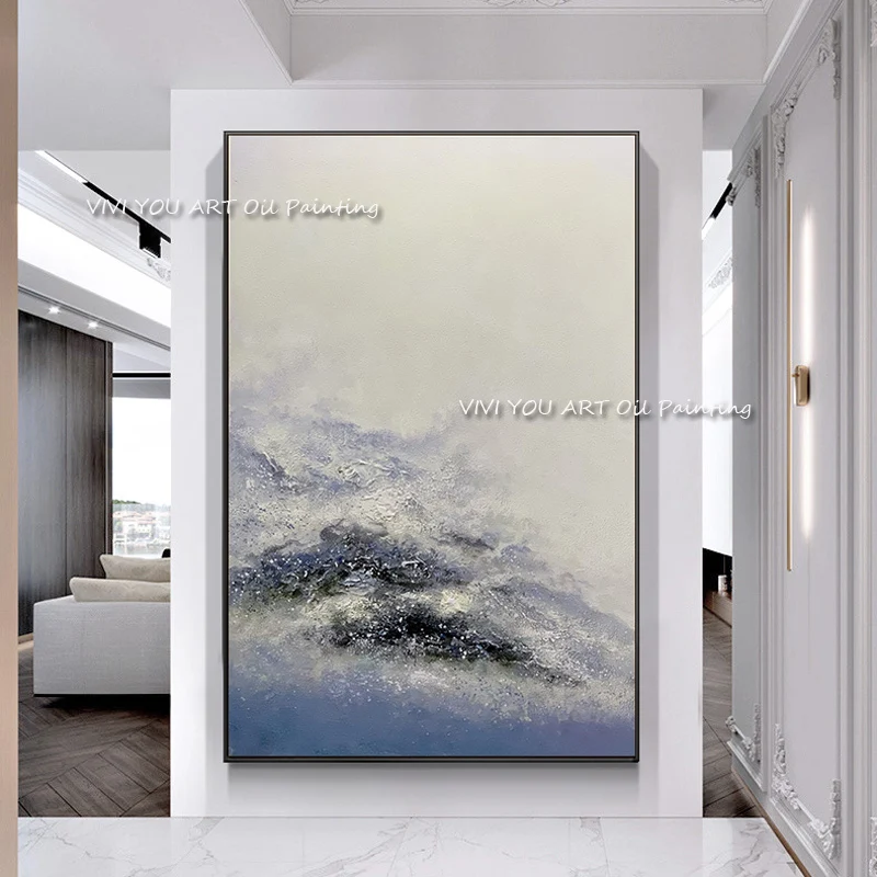 Atmospheric Seascape Statement Piece, Textured Crashing Waves In Blue‑Grey Hues, Hand‑Painted Vertical Art For Elegant Home