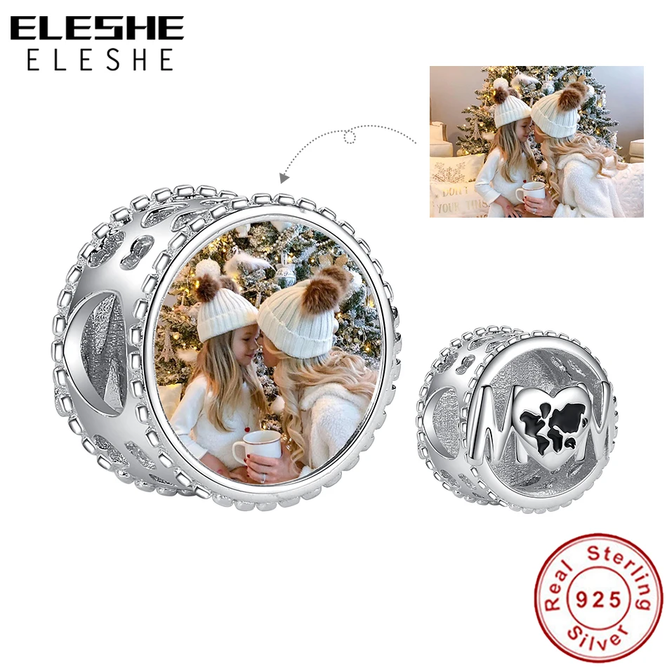 ELESHE New 925 Sterling Silver Simple Mom Love Charm Custom Photo Bead Fit Original Bracelet DIY Jewelry Making Christmas Gift