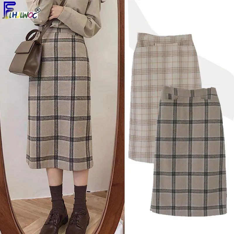 Winter Spring Basic Skirts Women\'s A-Line Vintage Skirt Grid Pattern Plaid Skirt High Waist Korea Style Design Clothes 10514