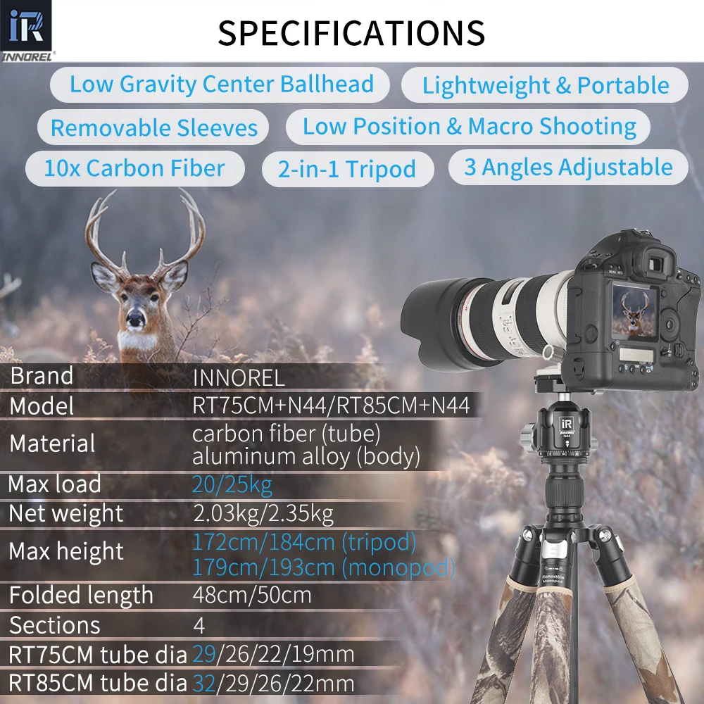 Imagem -02 - Innorel-camuflagem de Fibra de Carbono Tripé Monopé para Dslr Câmera Heavy Stand Panorâmica Baixa Gravidade Bola Cabeça Rt75 85 Centímetros