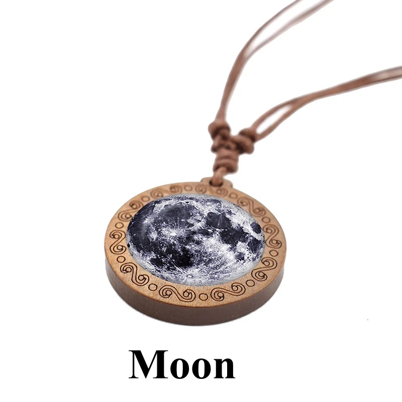 Moon Rope Chain Necklace Glass Cabochon Wooden Pendant Solar System Earth Mars Saturn Jupiter Planet Necklace Jewelry