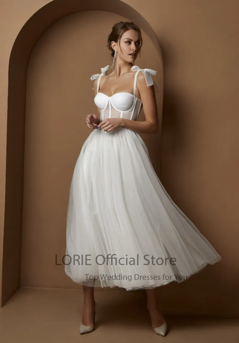 Lorie arco curto vestidos de casamento moderno desossa cinta espaguete uma linha chá comprimento branco vestido de noiva personalizado