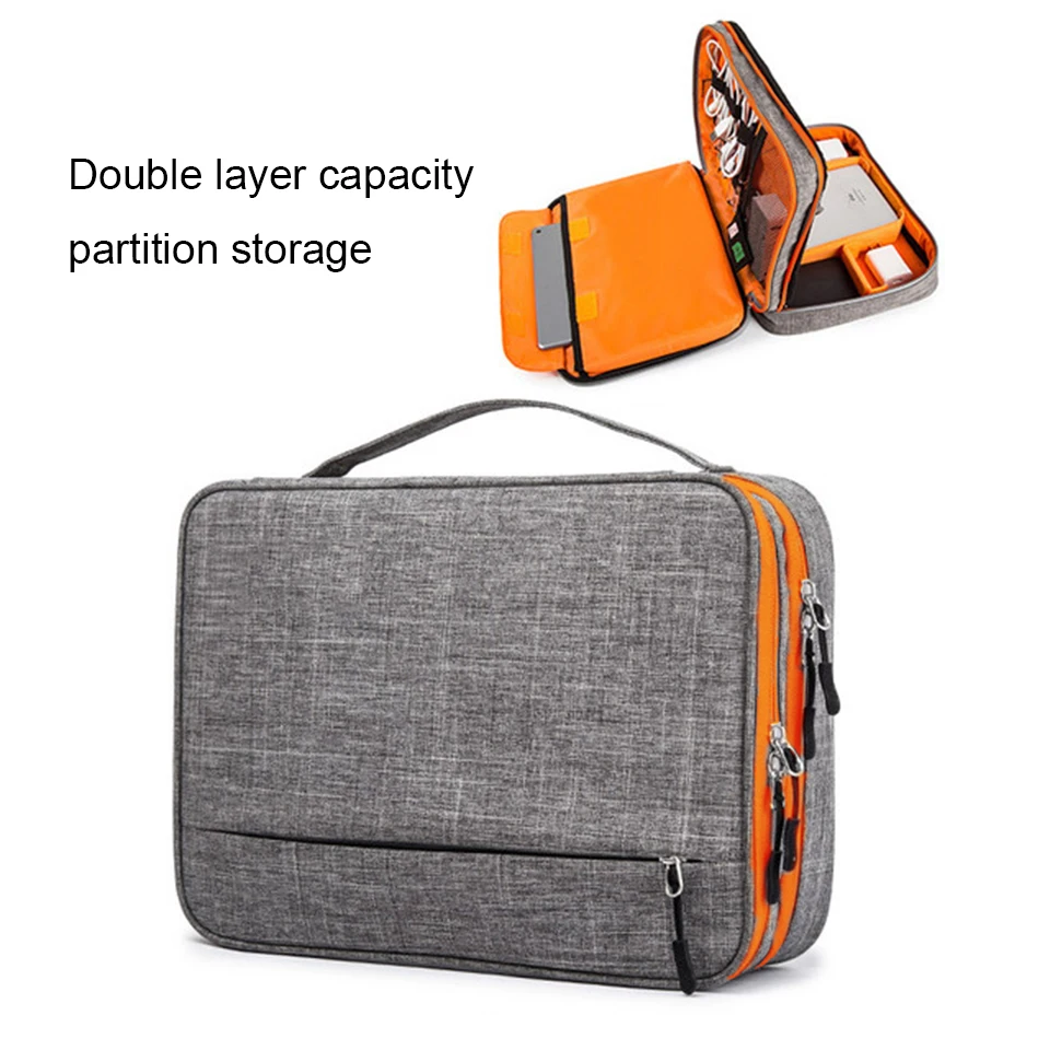 Bolsa organizadora de accesorios electrónicos, bolsa organizadora de doble capa, portátil con tiras separadoras para guardar iPad, discos duros,