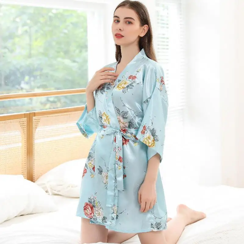 Half Sleeve Nightgown Intimate Lingerie Casual Home Clothing Sleepwear Short Summer New Kimono Robe Print Flower Women Bathrobe