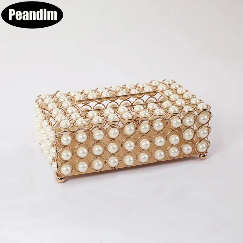 PEANDIM Luxury Pearl Tissue Box European Paper Rack Office Organizer Table Storage Box Home Office KTV Hotel Car Facial Case