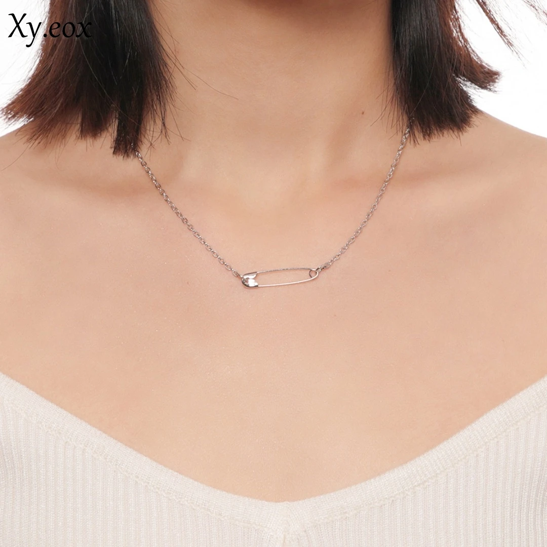 Fashion Safety Pin Pendant Necklace For Women Movement Jewelry Silver Tone