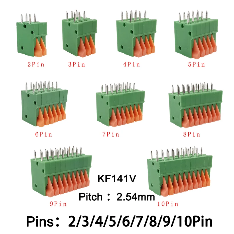 10Pcs KF141R KF141V PCB Spring Screwless Terminal Block 2.54mm 2/3/4/5/6/7/8/9/10 Pin Straight / Bent Foot PCB Mount Connector