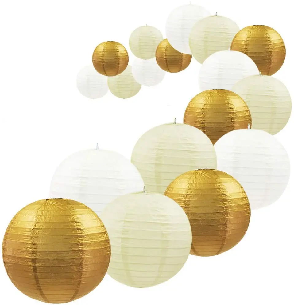 Lanternes Décoratives en Papier pour ix, Couleur Or, Blanc, Beige, Ronde, Japonaise/Alberoise, pour Mariage, Décoration d\'Extérieur, 18 Pièces