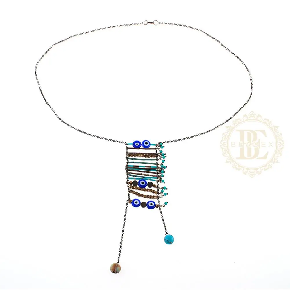 One Fashion Jewelry Semi-Precious Synthetic Stone and Glass Evil Eye Beaded Long Necklace - 660mm (BE39)